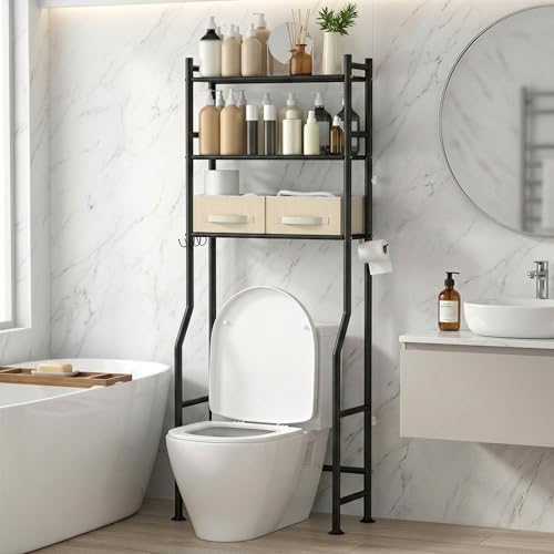 GloTika 3-Tier Over Toilet Storage, Anti-Tilt, 64" H, Black, 2 Baskets