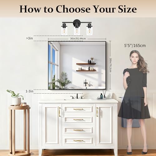 COFENY Black Bathroom Mirror for Wall, 30x36 Inch Rectangle With Metal Frame, Modern Vanity for Bathroom Living Room, Entryway Hangs Horizontal or Vertical