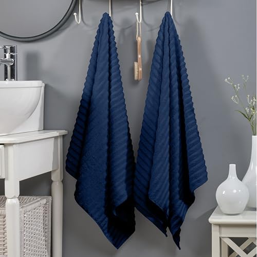 Elegant Comfort 100% Turkish Cotton Corduroy Ribbed Luxury Soft 2 Pack Bath Towels 27 x 54 Inch - Ultra Plush, Absorbent, Quick Dry, Hotel Spa Quality Towels for Bathroom Essentials, Navy