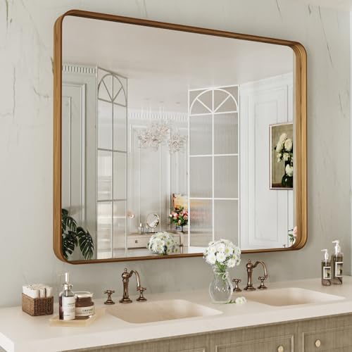 LOAAO 40X24 Inch Bathroom Mirror with Wood Grain Colored Metal Frame