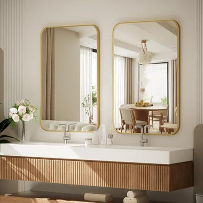 BEAUTYPEAK 24" x 36" Rectangular Aluminum Alloy Frame Wall Mounted Bathroom Mirror with Rounded Corners, Gold