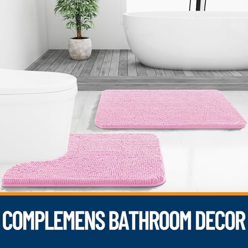 OLANLY Chenille Bathroom Rugs Mats Sets 2 Piece, 24"x16"+24"x20", Pink