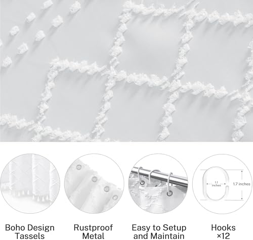 Extra Long White Textured Woven Fabric Boho Shower Curtain with Tassels 72 x 84 Modern Farmhouse Minimalist, Tufted Chevron Striped Shabby Chic, Water Resistant Cloth Curtain for Bathroom, Hotel Decor
