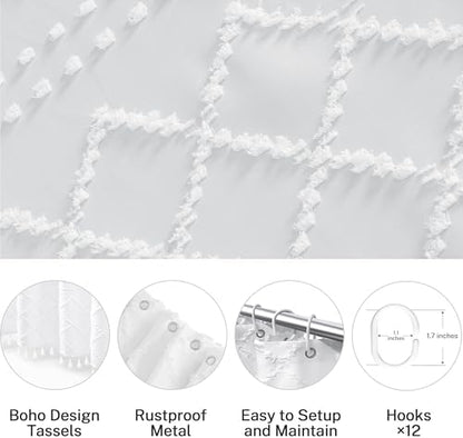 Stall Boho White Woven Fabric Shower Curtain with Tassels 54 x 72 Modern Farmhouse Minimalist Tufted Chevron Striped Shabby Chic Textured, Water Resistant Curtain for Bathroom, Hotel Decor