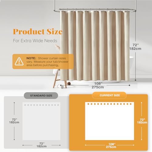 BTTN 108x72 Linen Textured Waterproof Cloth Shower Curtain Set, Beige/Cream