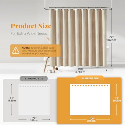 BTTN 108x72 Linen Textured Waterproof Cloth Shower Curtain Set, Beige/Cream