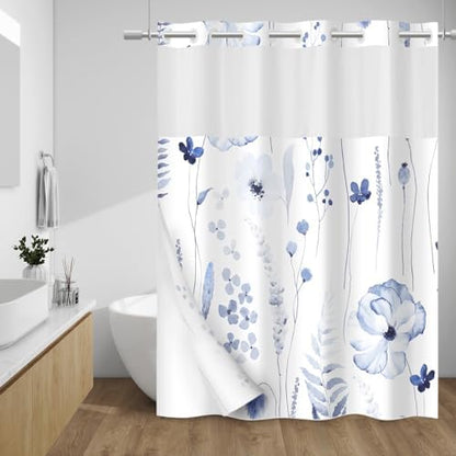 WITHLOC No Hook Floral Shower Curtain with Liner, Navy, 71x74