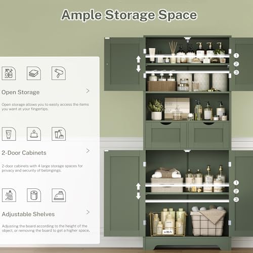 TEENFON Tall Bathroom Storage Cabinet with 4 Doors & 2 Adjustable Shelves