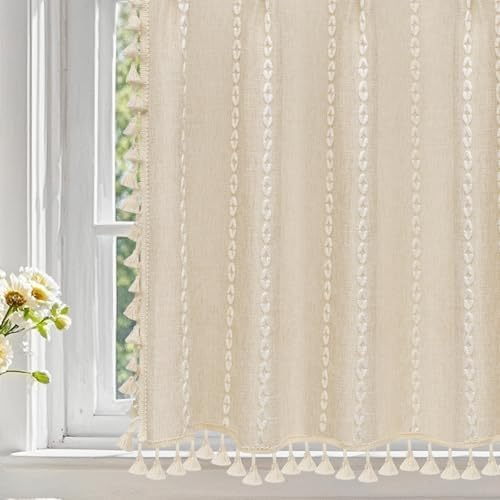 Seenus Beige Boho Farmhouse Window Curtain with Tassels, 30 x 36 Inch Light Filtering Sheer Short Cafe Window Curtain Tier, Linen Textured Pleated Small Window Drape for Kitchen or Bathroom, 1 Panel