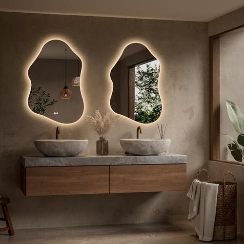 Keonjinn 24" x 36" Asymmetrical Backlit Bathroom Mirror, HD Tempered Glass