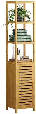 VIAGDO Storage Tall Slim Cabinet with Shutter Door and 3 Tier Shelves, Freestanding Linen Tower Cabinet for Living Room, Kitchen, Bathroom Organizer, Natural Bamboo