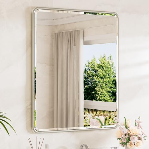 TETOTE Brushed Nickel Mirrors for Wall 30 x 36 Beveled Edge Tempered Glass, Rounded Corner Rectangle Framed Mirror for Modern Bathroom, Living Room, Bedroom, Entryway