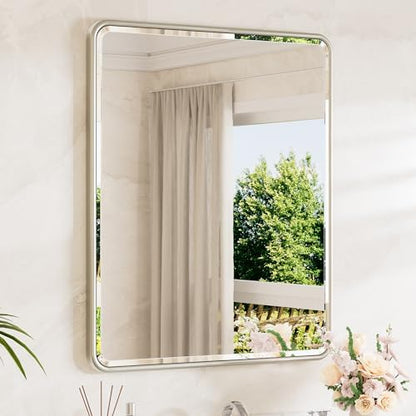 TETOTE Brushed Nickel Mirrors for Wall 30 x 36 Beveled Edge Tempered Glass, Rounded Corner Rectangle Framed Mirror for Modern Bathroom, Living Room, Bedroom, Entryway