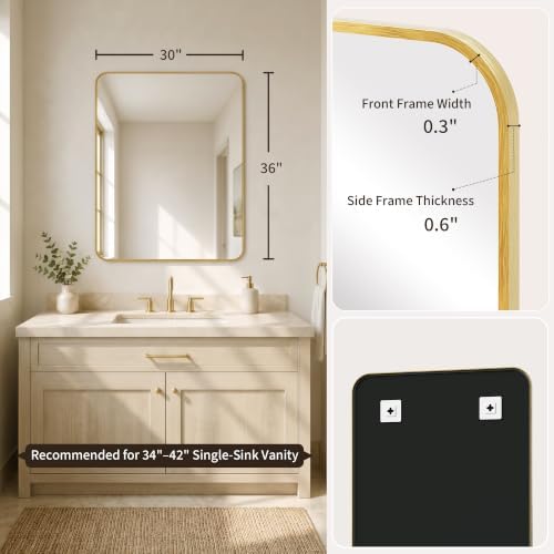 30x36 Inch Brushed Gold Rounded Rectangle Bathroom Vanity Mirror