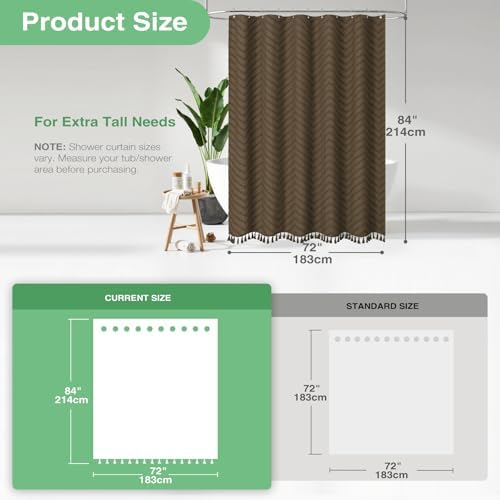 Dynamene Extra Long Boho Fabric Shower Curtain Tufted Chevron 72"x84" Brown