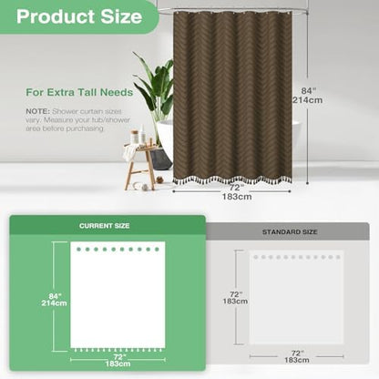 Dynamene Extra Long Boho Fabric Shower Curtain Tufted Chevron 72"x84" Brown