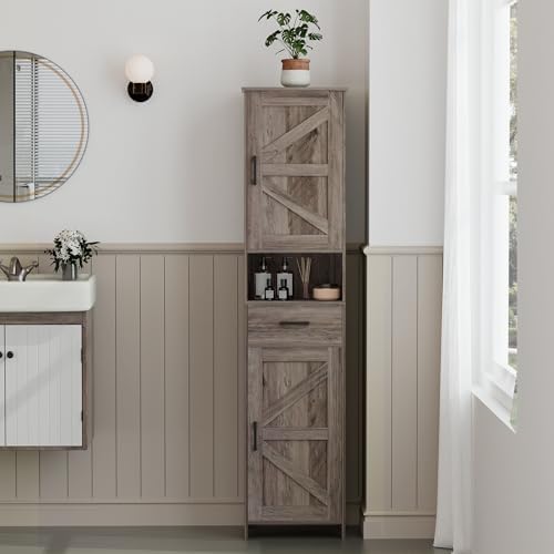 Homhedy 67" H Tall Bathroom Storage Cabinet with Barn Doors and Drawer