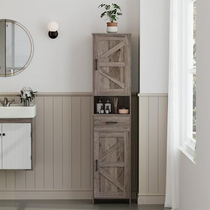 Homhedy 67" H Tall Bathroom Storage Cabinet with Barn Doors and Drawer