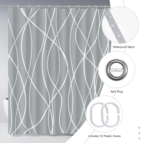 Striped Shower Curtain for Bathroom, Light Grey White, 72"W x 72"L