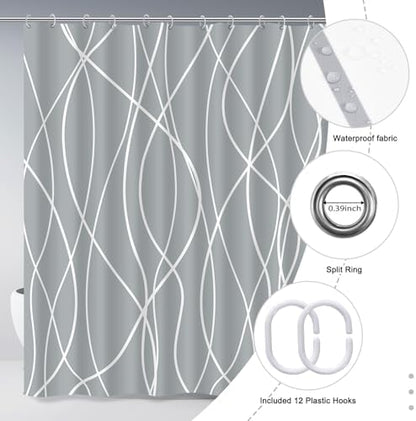 Striped Shower Curtain for Bathroom, Light Grey White, 72"W x 72"L
