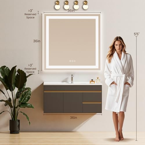 36"x36" LED Bathroom Mirror with Anti-Fog, Backlit & Front Lights, Memory