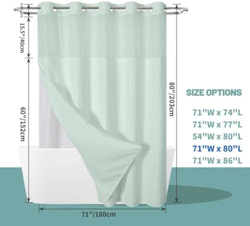 No Hook Waffle Shower Curtain with Snap-in Liner, 71x80 Inch, Mint Green