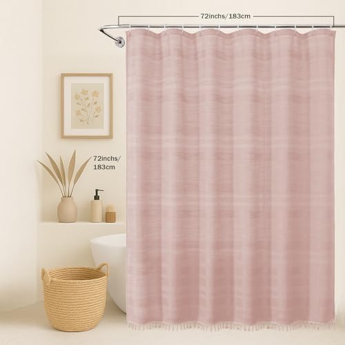 OVZME Pink Shower Curtain for Bathroom, Boho Linen Textured Shower Curtain with Tassel, Rustic Striped Heavy Duty Vintage Country Bathroom Curtain, 72Wx72L Inches