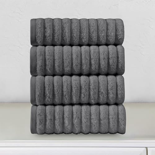 Elegant Comfort Luxury 100% Turkish Cotton Corduroy Ribbed 4 Pack Hand Towel Set 16 x 28 Inch - Absorbent, Super Soft, Quick Dry, Premium Towels for Bathroom, Gym, Spa and Hotel Use, Gray
