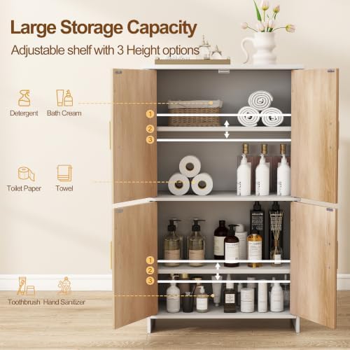 Bathroom Storage Cabinet, Floor Cabinet with 4 Fluted Doors and 2 Adjustable Shelves Wooden Tall Freestanding Organizers and Storage,White