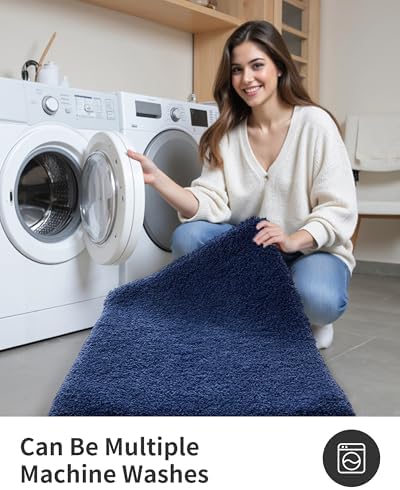 ILANGO Navy Blue Bathroom Rugs 70" × 24" Non Slip & Super Absorbent Thick Soft, Washable Bath Carpet Runner for Floor, Microfiber Plush Shaggy Bath Mats with Rubber for Bedroom Bathtub Shower Room