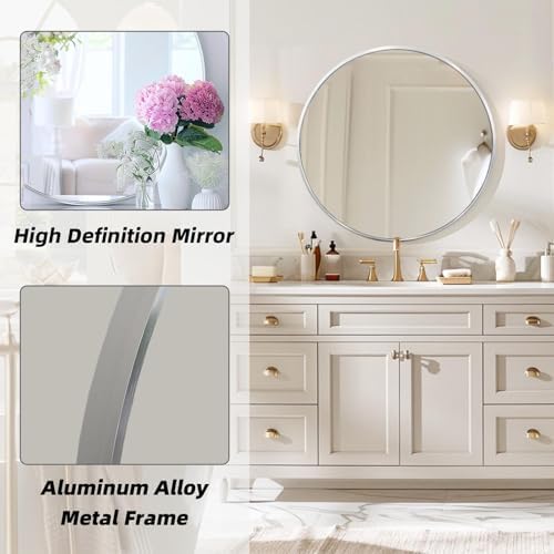 Round Silver Mirror 28 Inch, Brushed Nickel Large Circle Mirror