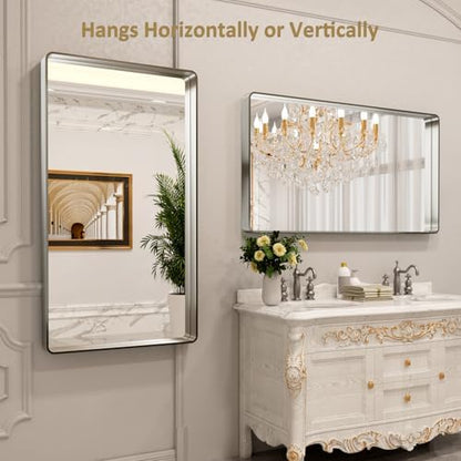 LOAAO 55X30 Inch Brushed Nickel Bathroom Mirror, Rounded Rectangle Silver Metal Frame Mirror, Brushed Nickel, Anti-Rust, Shatter Proof, Hangs Horizontally or Vertically