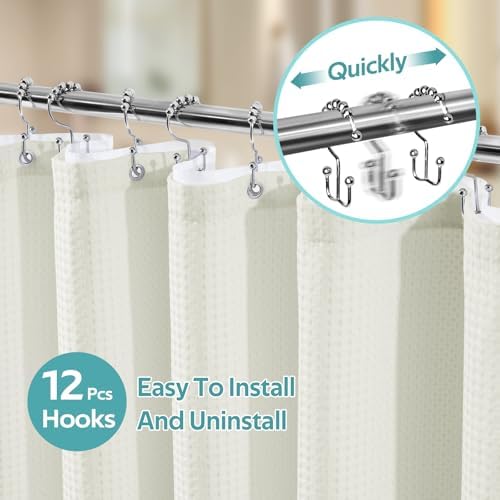 Vipfree 3 in 1 Shower Curtain Set, Waffle Shower Curtain and Liner Set with 12 Double Sided Shower Curtain Hooks, 258GSM Luxury Weighted Cloth Shower Curtains for Bathroom, 72 W x 72 H, Cream