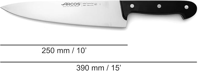 Arcos Chef Knife 10 Inch Stainless Steel. Professional Cooking Knife For Cutting Variety of Foods. Ergonomic Polyoxymethylene Handle and 250 mm Blade. Series Universal. Color Black