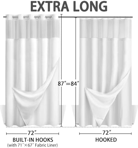 No Hook Shower Curtain with Liner Set Hotel Waffle Curtain White 72W X 87L