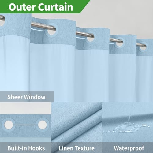 eachope No Hook Fabric Shower Curtain with Snap-in Liner,54x80 Fog Blue