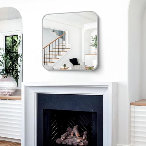 Silver Bathroom Mirror, 30 x 30 Inch Silver Square Mirror, Metal Framed Rectangular Vanity Mirror, Rounded Corner Wall Mounted Mirror for Living Room Bedroom Entryway Hangs Horizontal/Vertical