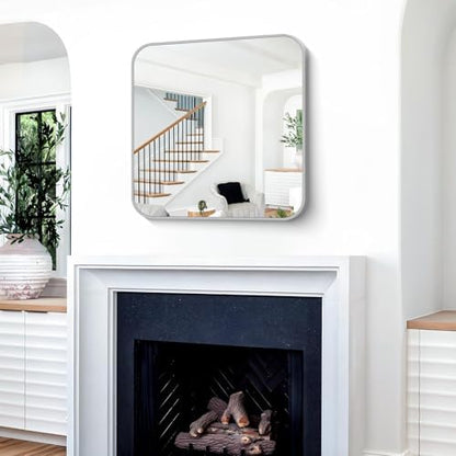 Silver Bathroom Mirror, 30 x 30 Inch Silver Square Mirror, Metal Framed Rectangular Vanity Mirror, Rounded Corner Wall Mounted Mirror for Living Room Bedroom Entryway Hangs Horizontal/Vertical