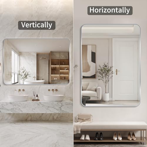 Bathroom Mirror for Wall, 30"x48" Black Bathroom Mirror for Over Sink, Shatterproof Tempered Glass Vanity Mirror with Anti-Rust Aluminum Alloy Frame, Hang Horizontally or Vertically, Silver