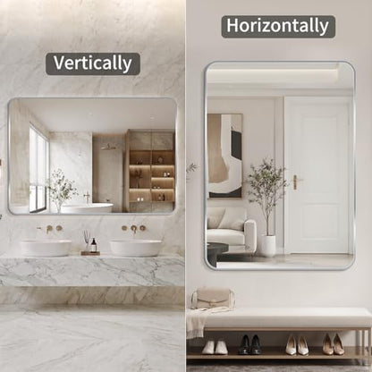Bathroom Mirror for Wall, 30"x48" Black Bathroom Mirror for Over Sink, Shatterproof Tempered Glass Vanity Mirror with Anti-Rust Aluminum Alloy Frame, Hang Horizontally or Vertically, Silver