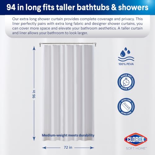 Clorox Shower Curtain Liner, Premium Medium-Weight Durable Waterproof 6g PEVA for Bathroom with Weighted Magnets, Extra Long 72" x 96", Frosty 1 Pack