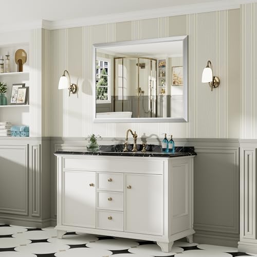Briivue Bathroom Wall Mirror, Silver Brushed Nickel Metal Frame, 48x36 Inch