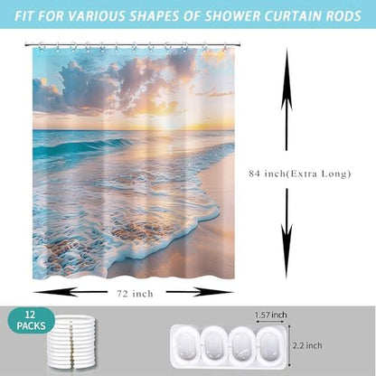 Extra Long Ocean Beach Coastal Seaside Nautical Shower Curtain for Bathroom 72W*84H Inch Summer Sunset Seacoast Beachy Waves Seascape Nature Cool Bathtub Decor Waterproof Polyester Fabric Set