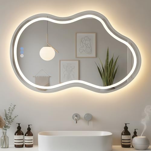 Irregular Wall Mirror 24 x 36 Inch, Lighted Mirrors for Bathroom Wall, Asymmetrical LED Mirror for Bathroom with Anit-Fog, Dimmable, Memory Function (Horizontal/Vertical)