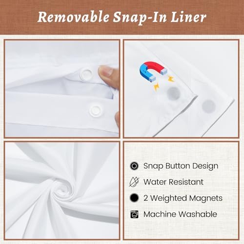 WONICY No Hook Linen Look Shower Curtain with Snap-in Liner, Cream, 71 x 80