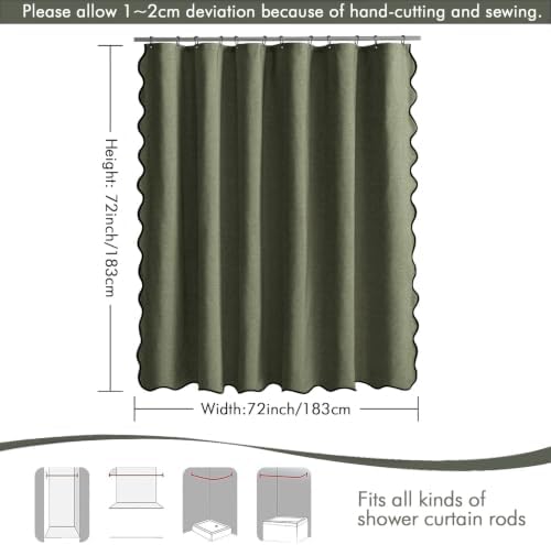MIULEE Olive Green Scalloped Linen Shower Curtain 72x72 Inches