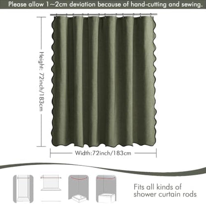 MIULEE Olive Green Scalloped Linen Shower Curtain 72x72 Inches