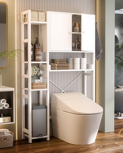 Over The Toilet Storage Cabinet with Doors - 7 Tier Bathroom Organizer with Adjustable Shelf, Freestanding Space Saver Rack Above Toilet Stand with 4 Hooks for Bathroom, Restroom, Laundry, White