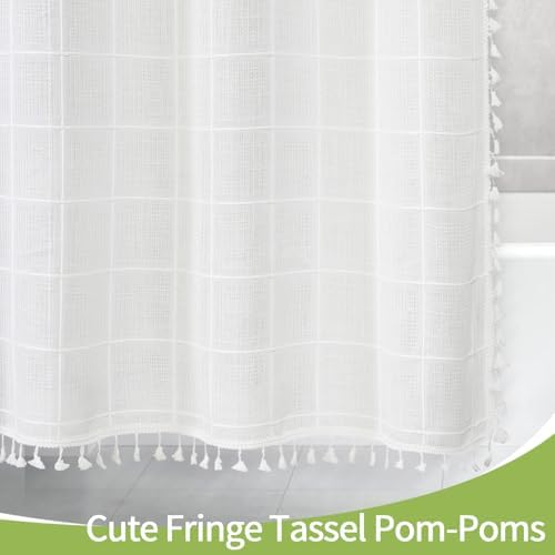 Gibelle White Boho Farmhouse Shower Curtain with Tassels, Rustic Cottagecore Aesthetic Bohemian Chic Modern Bathroom Decor Thick Waffle Textured Fabric Shower Curtain Set with Hooks, 72x72 | 320 GSM French Country Plaid Tassel Shower Curtain, Rustic Ae...