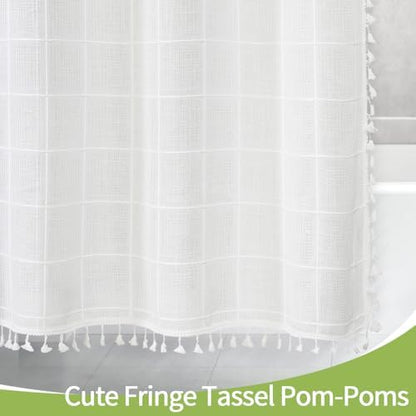 Gibelle White Boho Farmhouse Shower Curtain with Tassels, Rustic Cottagecore Aesthetic Bohemian Chic Modern Bathroom Decor Thick Waffle Textured Fabric Shower Curtain Set with Hooks, 72x72 | 320 GSM French Country Plaid Tassel Shower Curtain, Rustic Ae...